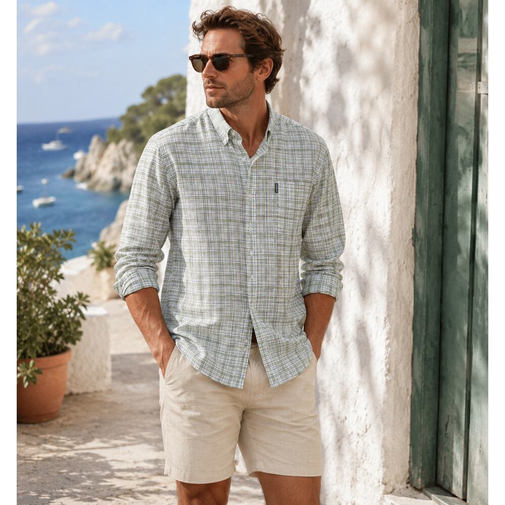 Barbour SZ M Tattersall 19 Tailored Fit White Green Check Button-Down Shirt